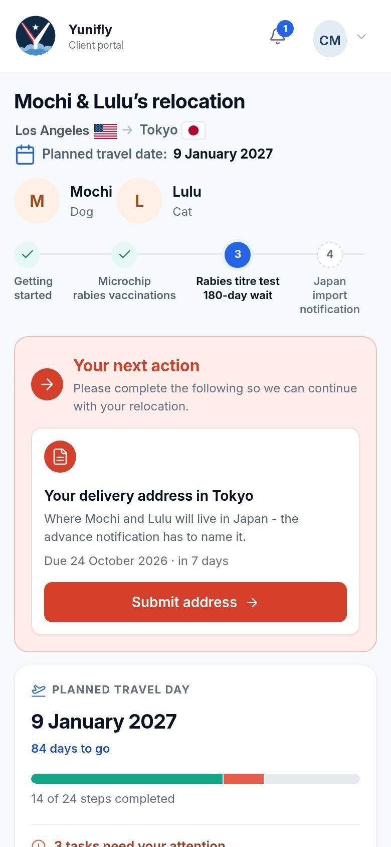 The client portal on a phone: journey progress and the next task